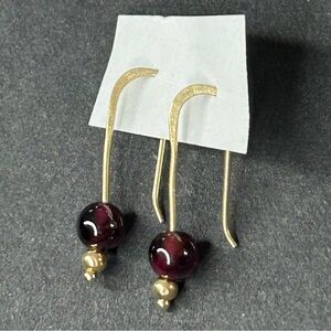 Gold Tone Drop Pierced Earrings with Garnet Bead